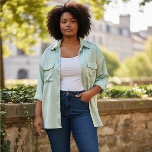 SHEIN Sea Foam Pastel Green Flap Pocket Casual Satin Button Down Top